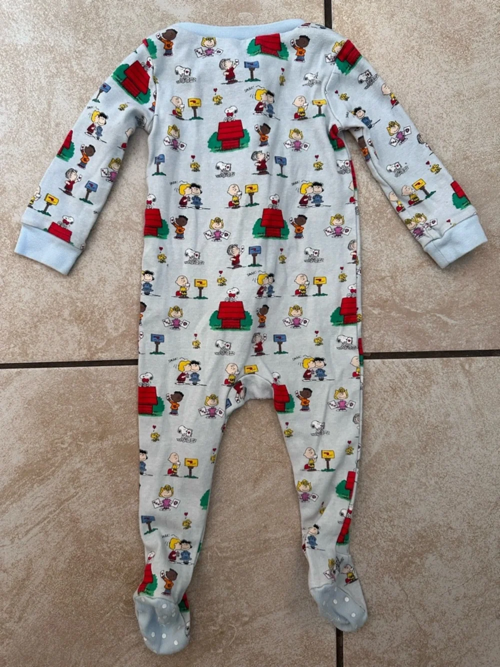 Janie and Jack Light Blue Peanuts Print Footed One-Piece